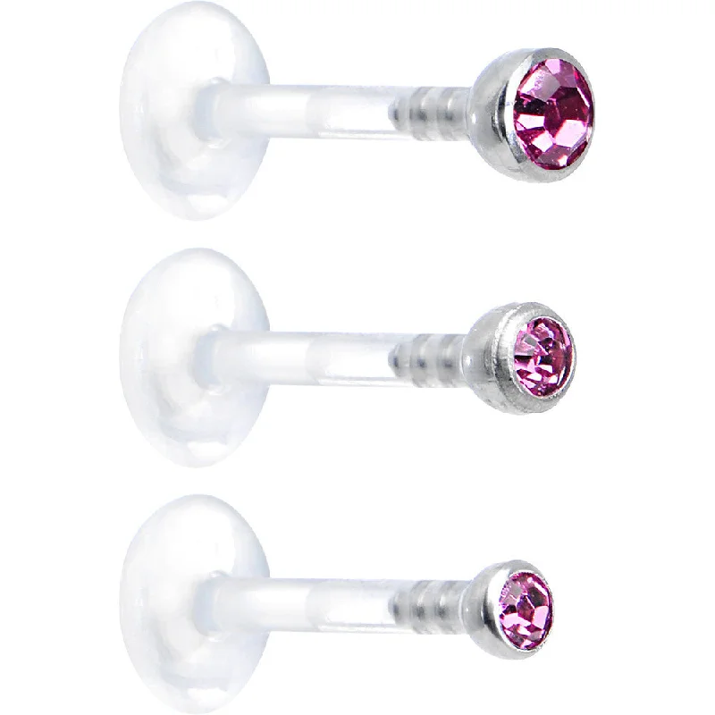 Women's Earrings – Elegant Designs for Every Personality--16 Gauge 5/16 Pink Gem Bioplast Triple Forward Helix Barbell 3 Pack Set