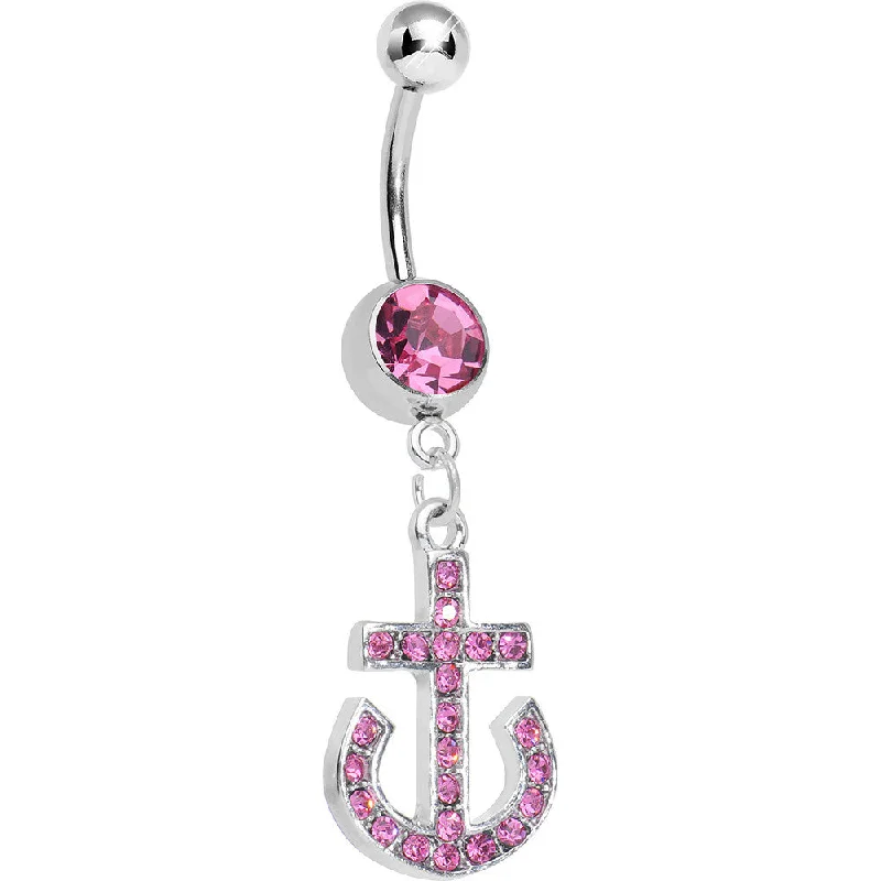 Belly Rings with Creative Details -Pink Gem Paved Sparkling Anchor Dangle Belly Ring Belly Rings with Creative Details -Pink Gem Paved Sparkling Anchor Dangle Belly Ring