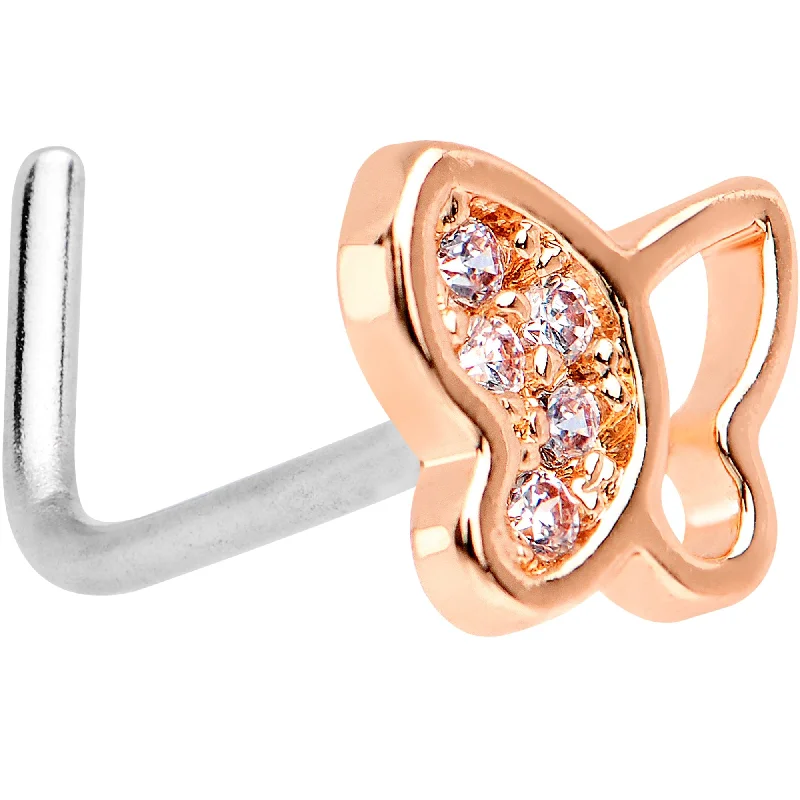 Minimalist Gold Nose Rings -20 Gauge 1/4 Clear CZ Gem Rose Gold Tone Butterfly L Shaped Nose Ring Minimalist Gold Nose Rings -20 Gauge 1/4 Clear CZ Gem Rose Gold Tone Butterfly L Shaped Nose Ring