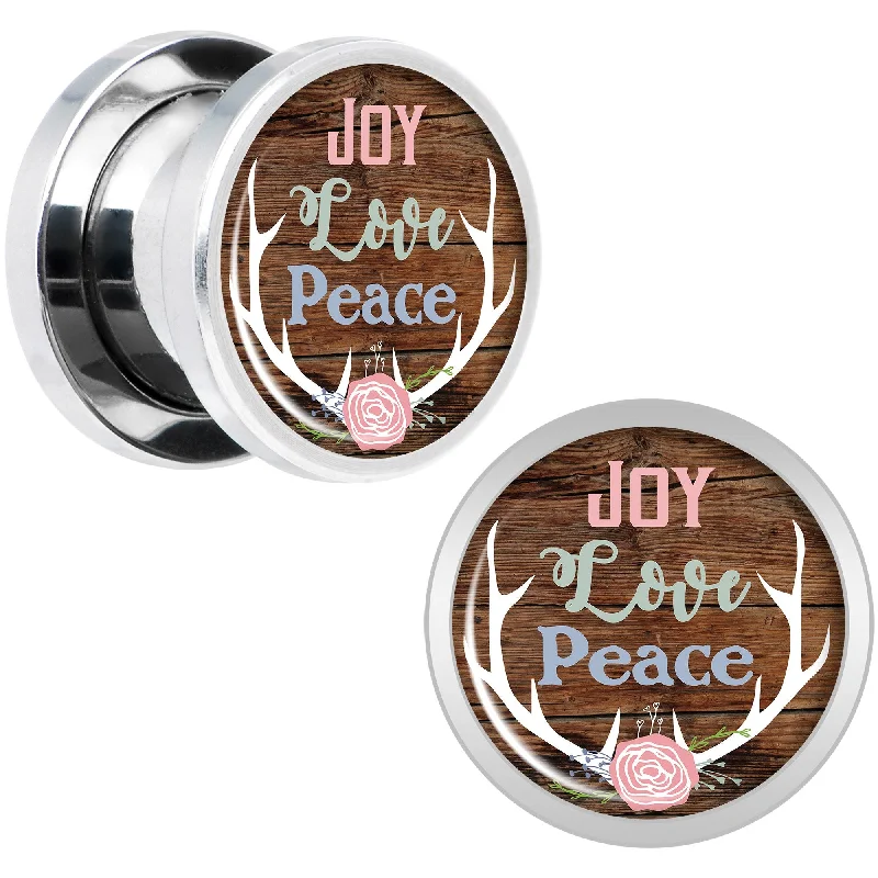 Women's Earrings – Elegant Designs for Every Personality--Rustic Joy Love Peace Antlers Screw Fit Plug Set Sizes 5mm to 20mm Women's Earrings – Elegant Designs for Every Personality--Rustic Joy Love Peace Antlers Screw Fit Plug Set Sizes 5mm to 20mm