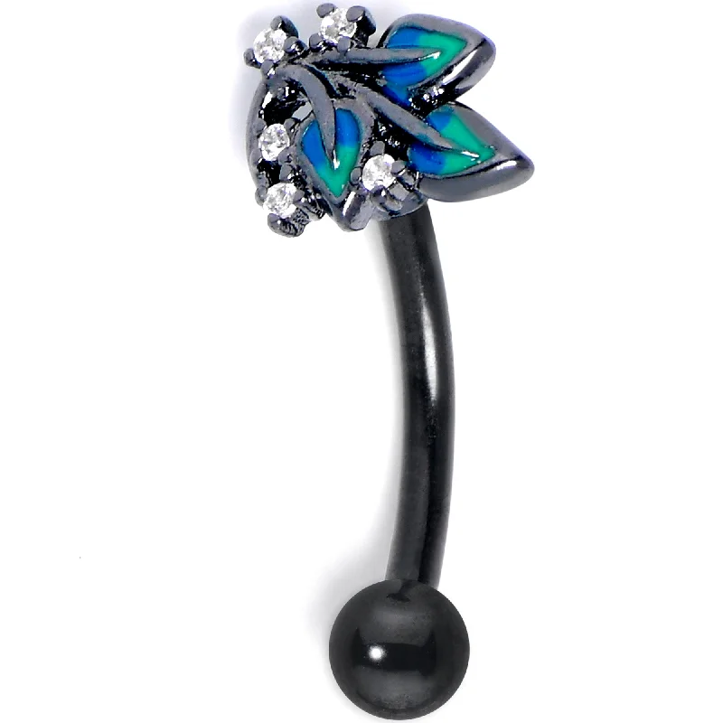 Women's Earrings – Elegant Designs for Every Personality--16 Gauge 5/16 Clear CZ Gem Black Lush Leaves Curved Eyebrow Ring