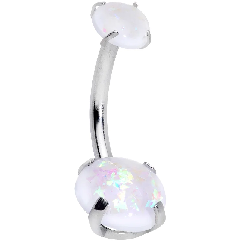 Comfortable Belly Rings with Vibrant Shine -White Faux Opal Grade 23 Titanium Internally Threaded Belly Ring Comfortable Belly Rings with Vibrant Shine -White Faux Opal Grade 23 Titanium Internally Threaded Belly Ring