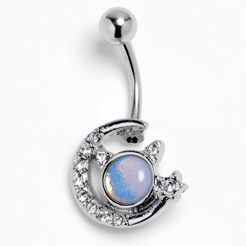 Trendy Belly Rings with Bold Statements -Blue Faux Opal Clear Gem Crescent Moon Star Heavenly Belly Ring Trendy Belly Rings with Bold Statements -Blue Faux Opal Clear Gem Crescent Moon Star Heavenly Belly Ring