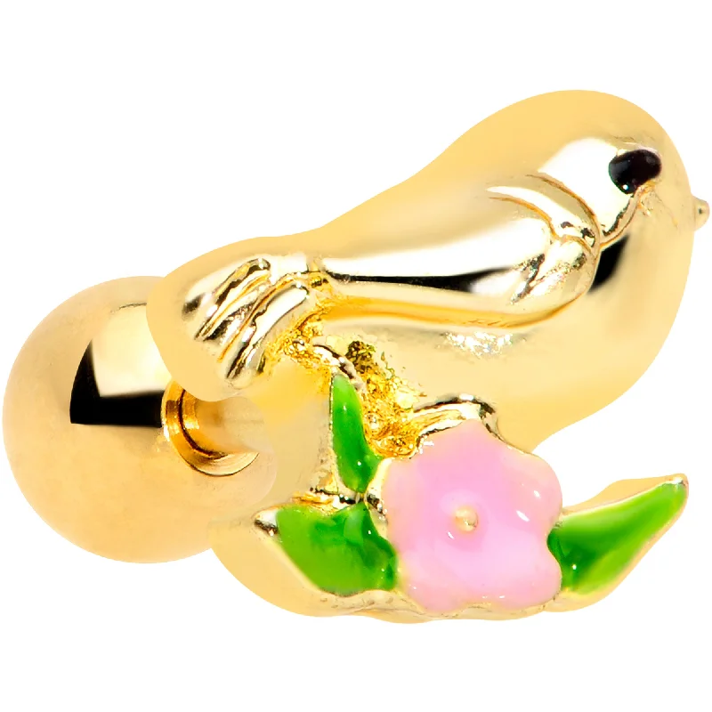 Women's Earrings – Elegant Designs for Every Personality--16 Gauge 1/4 Gold Tone Bird Pink Flower Cartilage Tragus