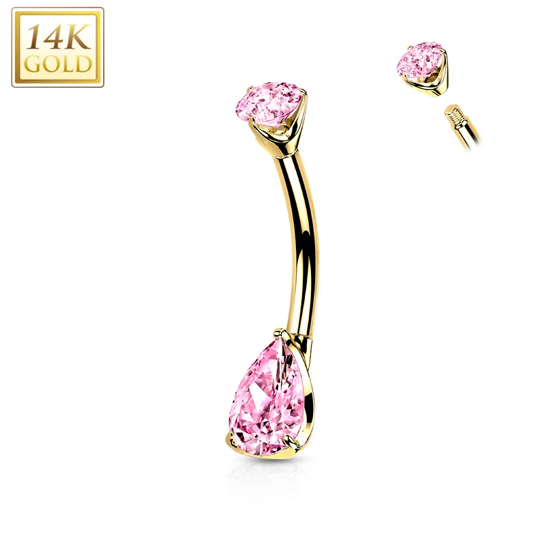 Comfortable Belly Rings with Stylish Accents -14kt Solid Yellow Gold Double Prong Set Pink Teardrop Cubic Zirconia Belly Ring Comfortable Belly Rings with Stylish Accents -14kt Solid Yellow Gold Double Prong Set Pink Teardrop Cubic Zirconia Belly Ring