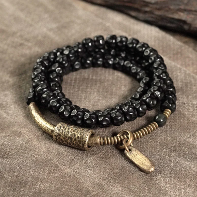 Leather and Silver Bracelets for Men-Buddha Stones Retro Coconut Shell Copper Happiness Triple Wrap Bracelet Leather and Silver Bracelets for Men-Buddha Stones Retro Coconut Shell Copper Happiness Triple Wrap Bracelet