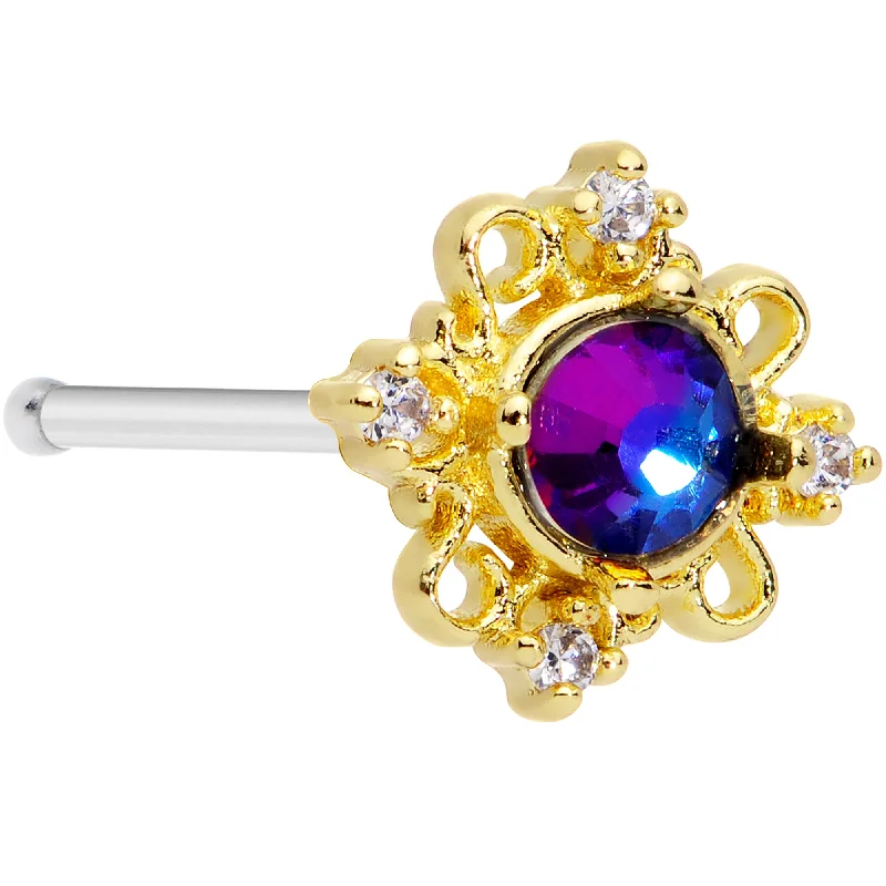 Designer Nose Rings for Bold Looks -20 Gauge 1/4 Purple Tourmaline Gold Tone Filigree Frame Nose Bone Designer Nose Rings for Bold Looks -20 Gauge 1/4 Purple Tourmaline Gold Tone Filigree Frame Nose Bone