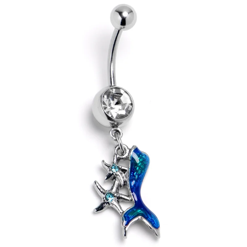Elegant Belly Rings for Fashion-Forward Looks -Blue Clear Gem Blue Mermaid Tail Stars Dangle Belly Ring Elegant Belly Rings for Fashion-Forward Looks -Blue Clear Gem Blue Mermaid Tail Stars Dangle Belly Ring