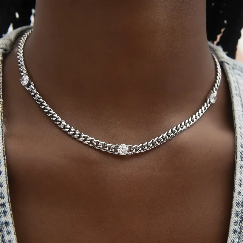 Shop Classic Women's  Necklaces & Pendants with a Modern Twist-Round Stone Station Cuban Necklace in White Gold