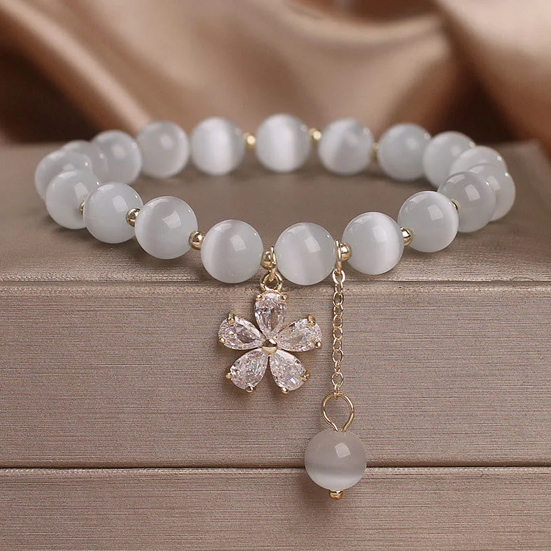 Women's Simple Gold Bangle Bracelets-Buddha Stones Cat's Eye Flower Charm Peace Support Bracelet