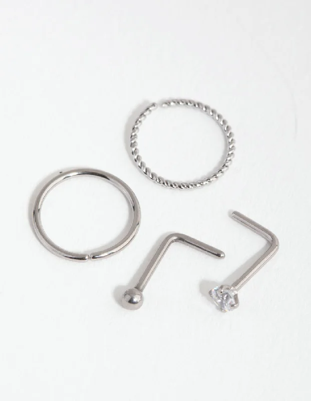 Chic Nose Rings with Sparkling Stones -Surgical Steel Diamante Twist Nose Ring 4-Pack Chic Nose Rings with Sparkling Stones -Surgical Steel Diamante Twist Nose Ring 4-Pack