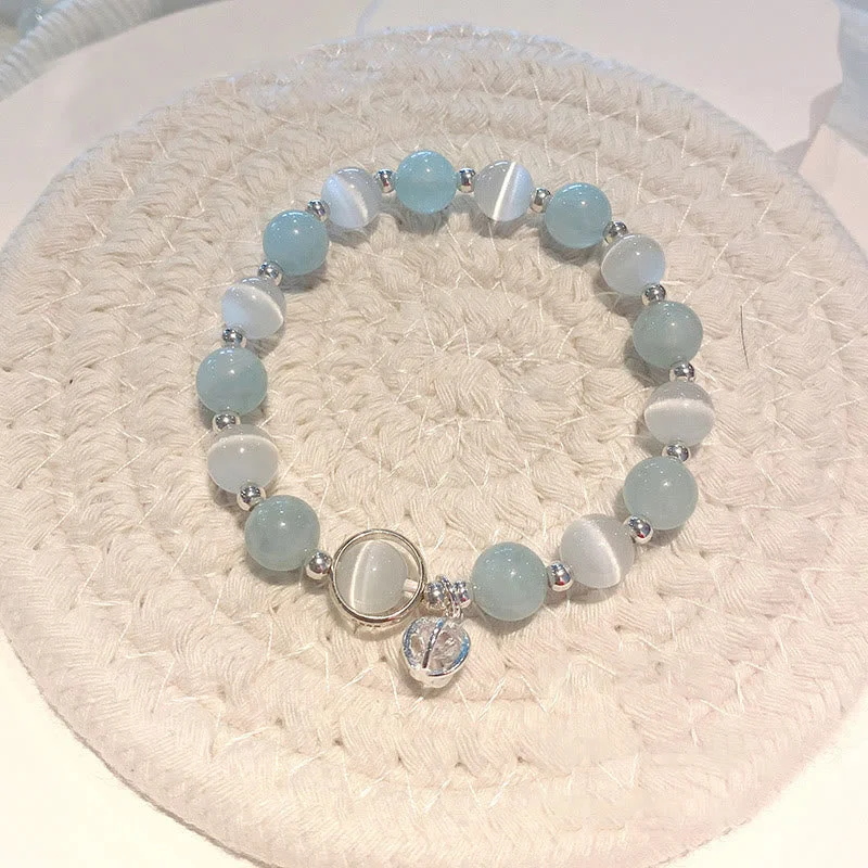 Elegant Bangles for Women with Subtle Stones-Buddha Stones 925 Sterling Silver Cat's Eye Aquamarine Support Charm Bracelet