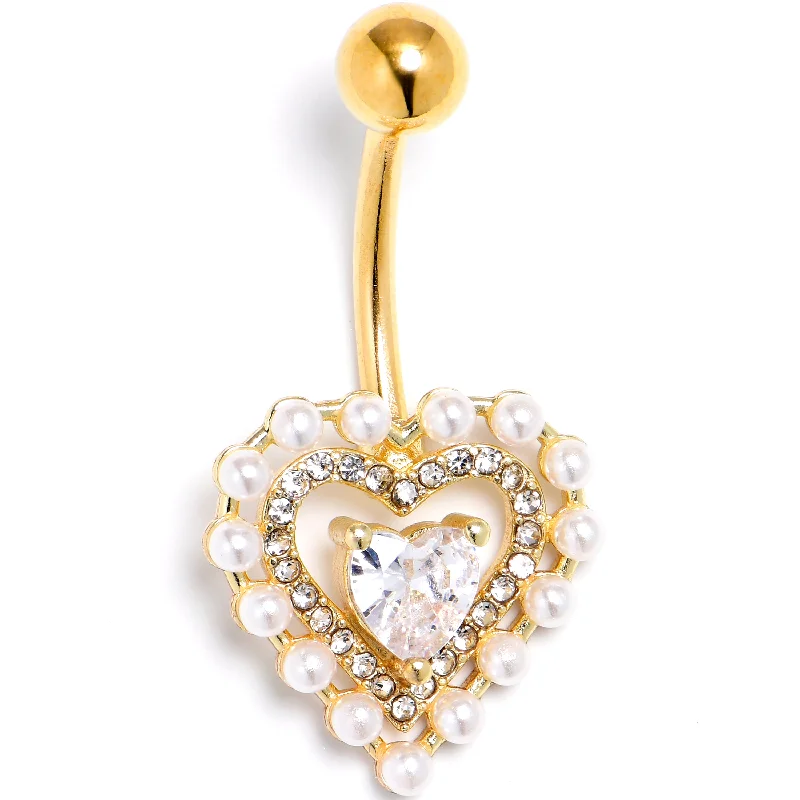 Comfortable Belly Rings with Smooth Texture -Clear CZ Gem Gold Tone Pearly Heart Pair Belly Ring Comfortable Belly Rings with Smooth Texture -Clear CZ Gem Gold Tone Pearly Heart Pair Belly Ring