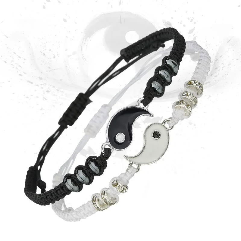 Custom Metal Bracelets for Men-Buddha Stones 2pcs Yin Yang Hematite Couple Bracelet
