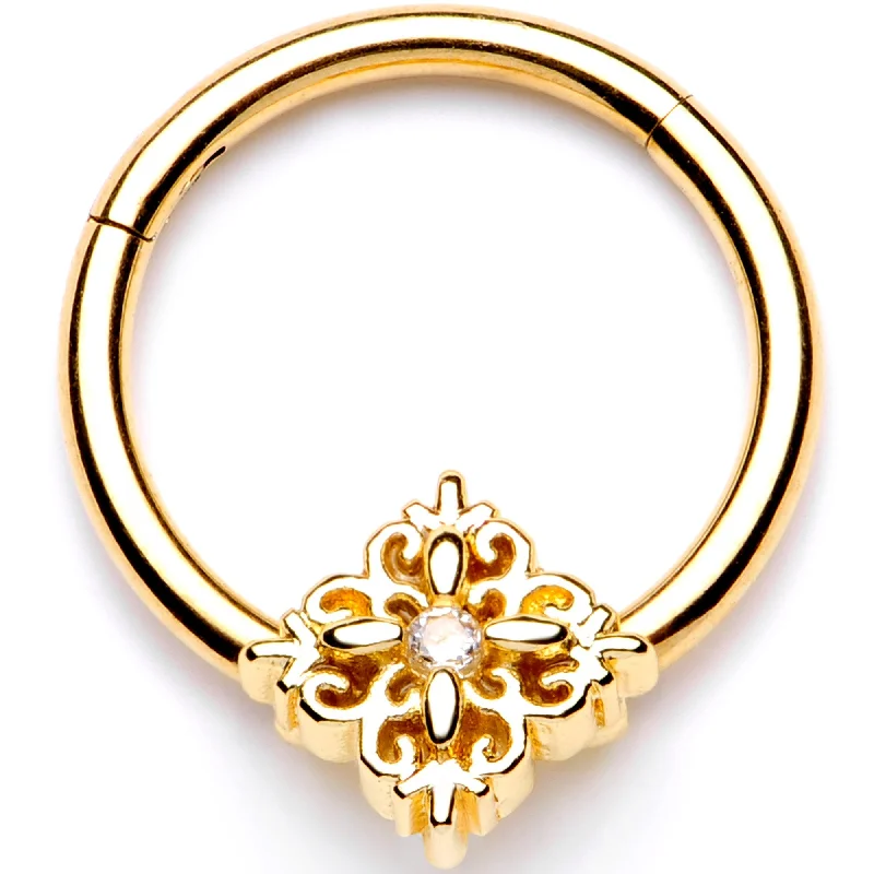 Bold Lip Rings for Confident Fashionistas16 Gauge 3/8 Clear CZ Gold Tone Regal Rhombus Hinged Segment Ring Bold Lip Rings for Confident Fashionistas16 Gauge 3/8 Clear CZ Gold Tone Regal Rhombus Hinged Segment Ring