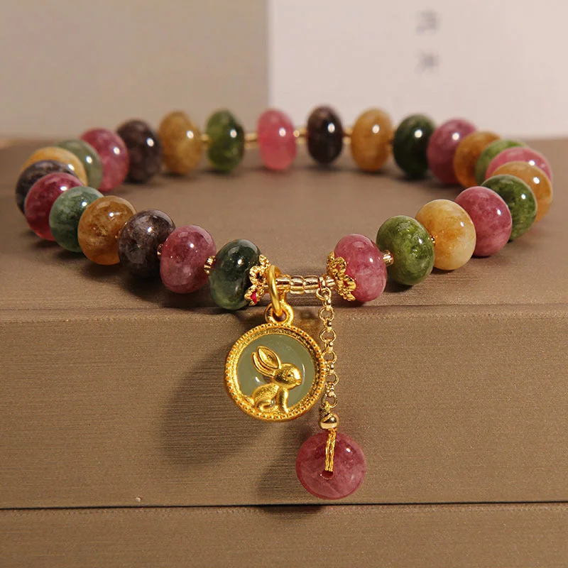 Women's Cuff Bangles-Buddha Stones Natural Colorful Tourmaline Cute Rabbit Charm Positive Bracelet Women's Cuff Bangles-Buddha Stones Natural Colorful Tourmaline Cute Rabbit Charm Positive Bracelet
