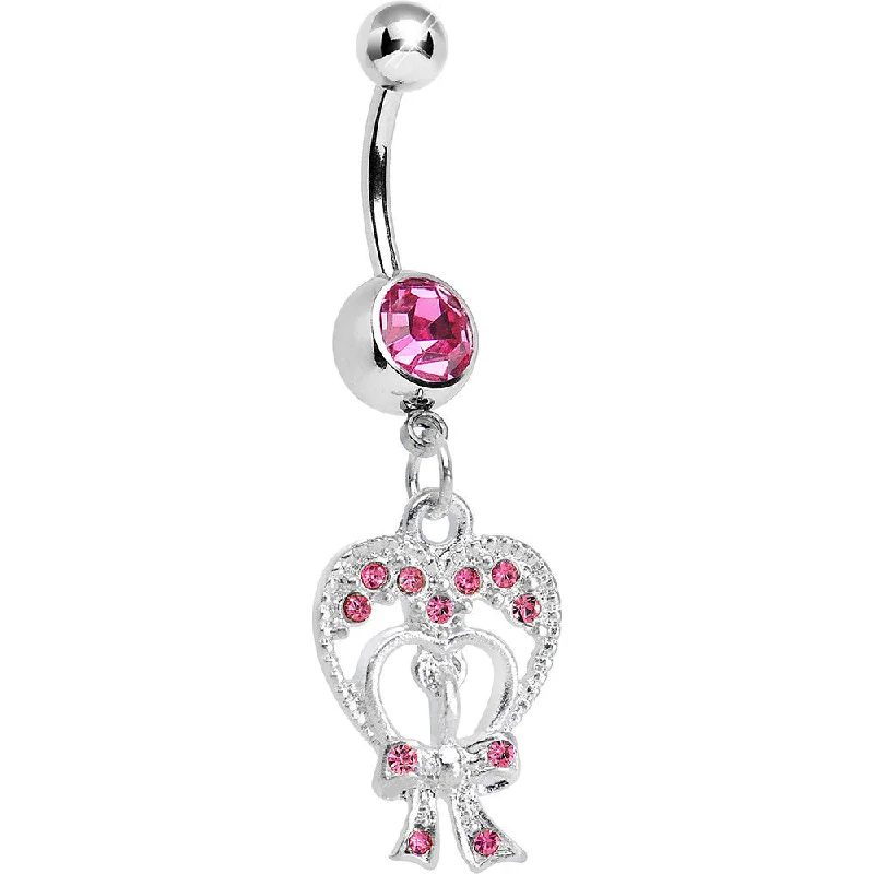 Stylish Belly Rings for Elegant Women -Pink Gem Love Tied in a Bow Heart Dangle Belly Ring Stylish Belly Rings for Elegant Women -Pink Gem Love Tied in a Bow Heart Dangle Belly Ring