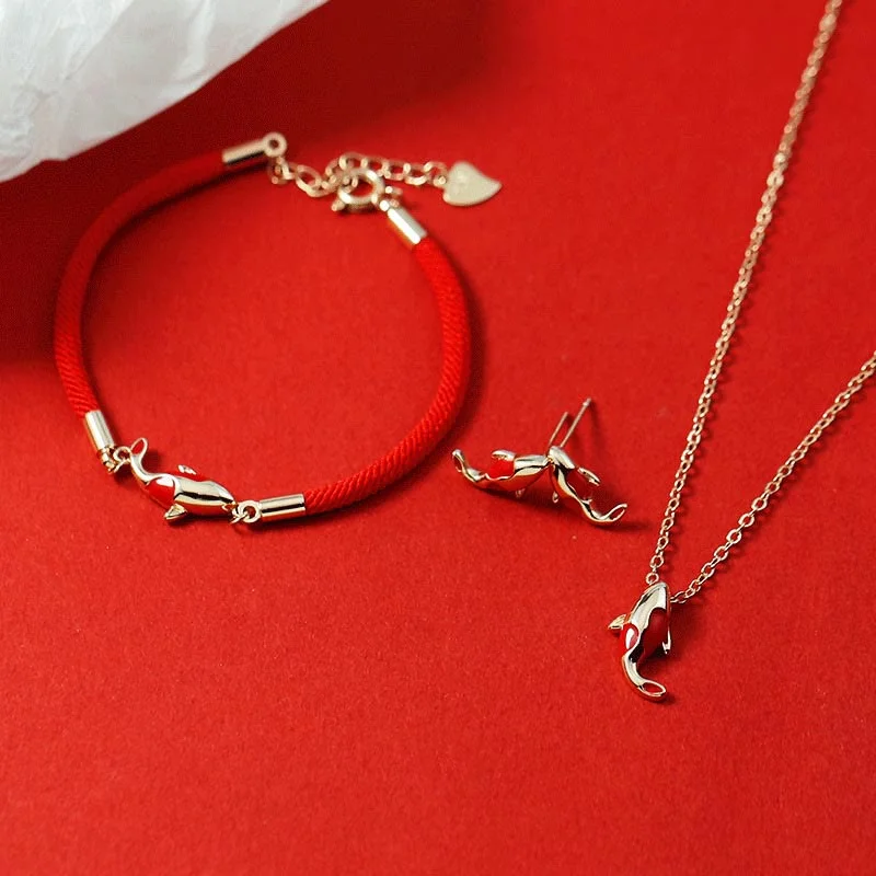 Gold Plated Wedding Bangles for Women-Buddha Stones Copper Koi Fish Wealth Necklace Pendant Red Rope Bracelet Earrings Set Gold Plated Wedding Bangles for Women-Buddha Stones Copper Koi Fish Wealth Necklace Pendant Red Rope Bracelet Earrings Set