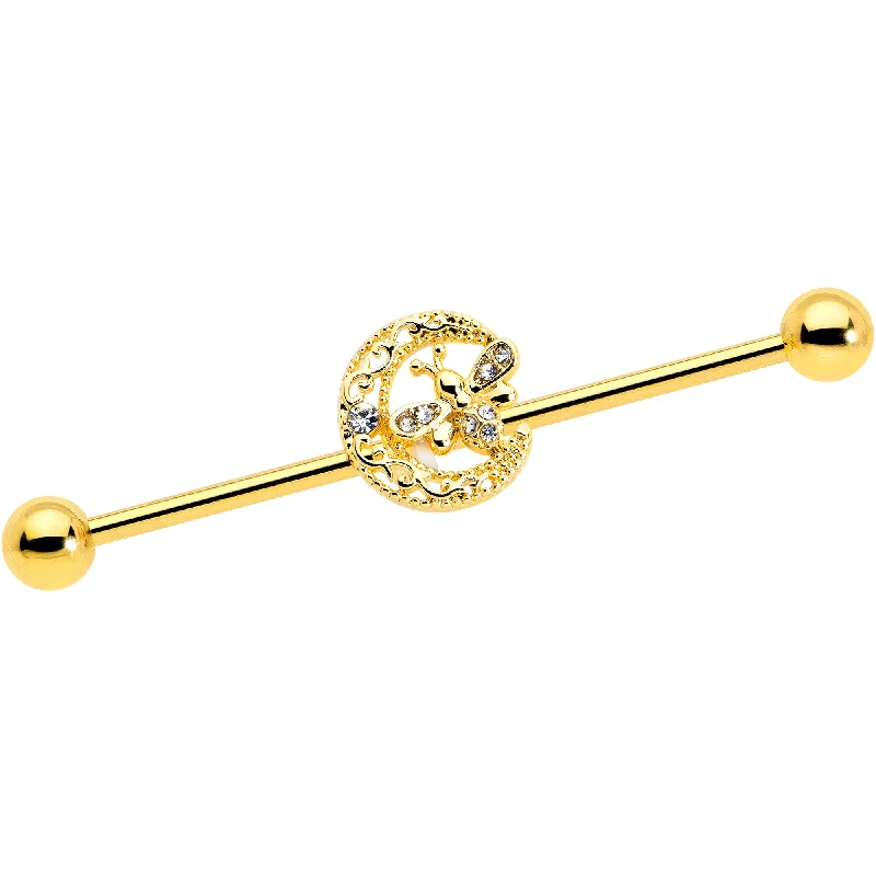 Women's Earrings – Elegant Designs for Every Personality--14 Gauge Clear Gem Gold Tone Lunar Dragonfly Industrial Barbell 38mm