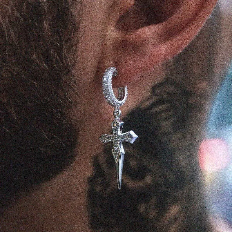 Shop Durable Men's Earrings for Everyday Wear-Dripping Cross Hoop Earrings in White Gold Shop Durable Men's Earrings for Everyday Wear-Dripping Cross Hoop Earrings in White Gold