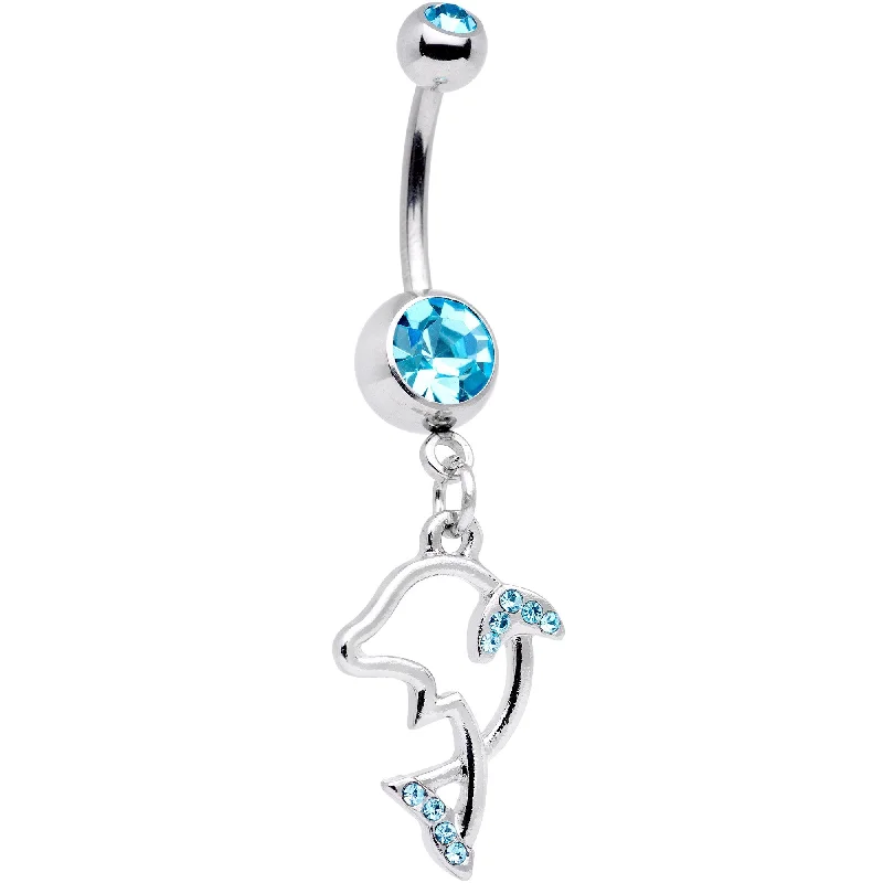 Simple Belly Rings for Clean and Elegant Look -Aqua Gem Hollow Dolphin Dangle Belly Ring Simple Belly Rings for Clean and Elegant Look -Aqua Gem Hollow Dolphin Dangle Belly Ring