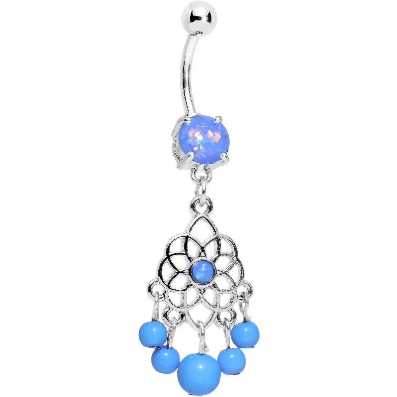 Elegant Belly Rings with Glittering Gems -Blue Faux Opal Lotus Flower Dreamcatcher Dangle Belly Ring Elegant Belly Rings with Glittering Gems -Blue Faux Opal Lotus Flower Dreamcatcher Dangle Belly Ring
