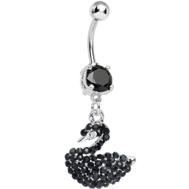 Sparkling Belly Rings for Chic Fashion -Black Gem Jeweled Swan Dangle Belly Ring