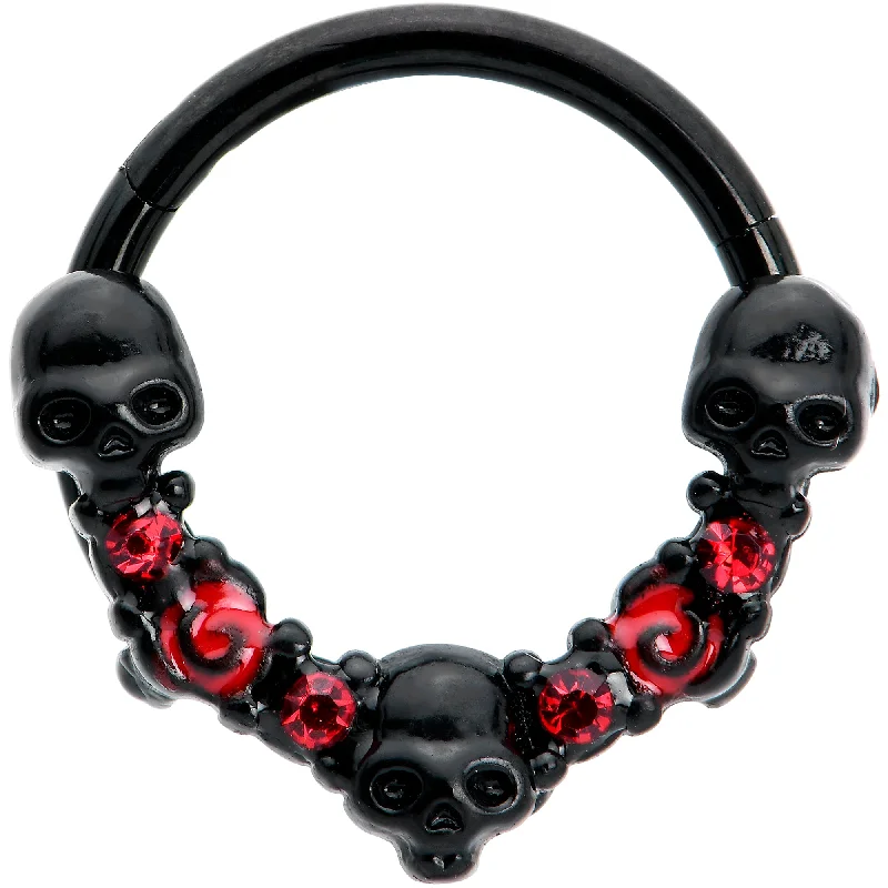 Unique Nose Rings for Stylish Women -16 Gauge 3/8 Red Clear CZ Gem Black Skull Halloween Hinged Segment Ring