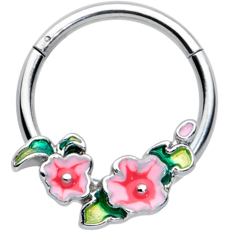 Women's Earrings – Elegant Designs for Every Personality--16 Gauge 3/8 Lovely Pink Flowers Hinged Segment Ring
