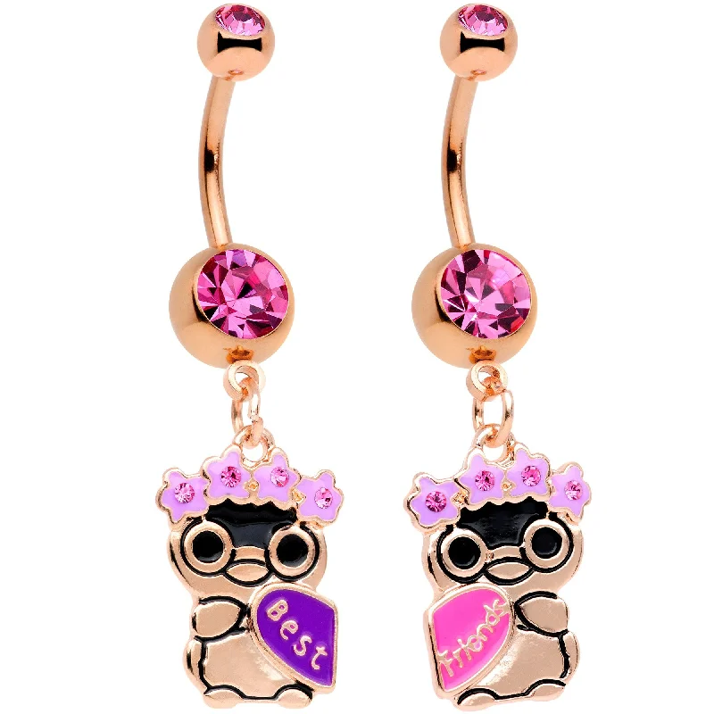 Designer Belly Rings for Exclusive Looks -Pink Gem Rose Gold Tone Anodized BFF Penguins Dangle Belly Ring Set Designer Belly Rings for Exclusive Looks -Pink Gem Rose Gold Tone Anodized BFF Penguins Dangle Belly Ring Set