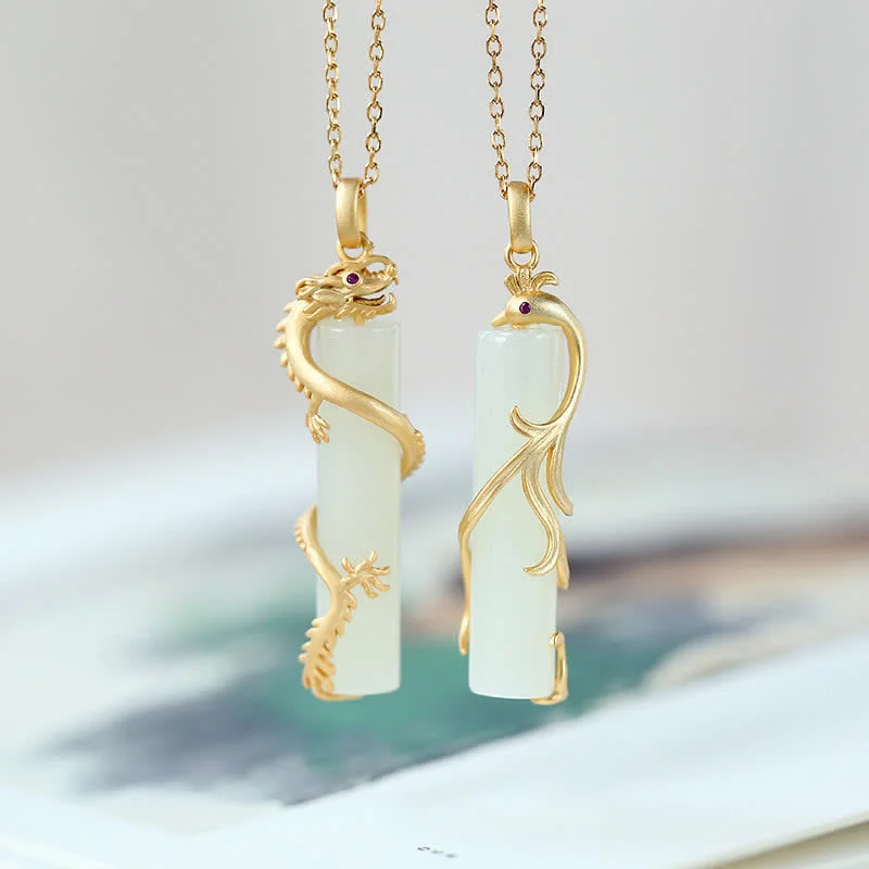 Shop Classic Women's  Necklaces & Pendants with a Modern Twist-Buddha Stones Jade Dragon Phoenix Copper Protection Necklace Pendant