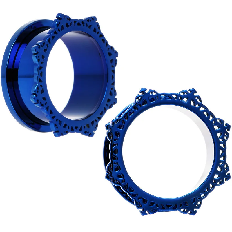 Women's Earrings – Elegant Designs for Every Personality--7/8 Blue PVD Filigree Frame Screw Fit Tunnel Plug Set Women's Earrings – Elegant Designs for Every Personality--7/8 Blue PVD Filigree Frame Screw Fit Tunnel Plug Set