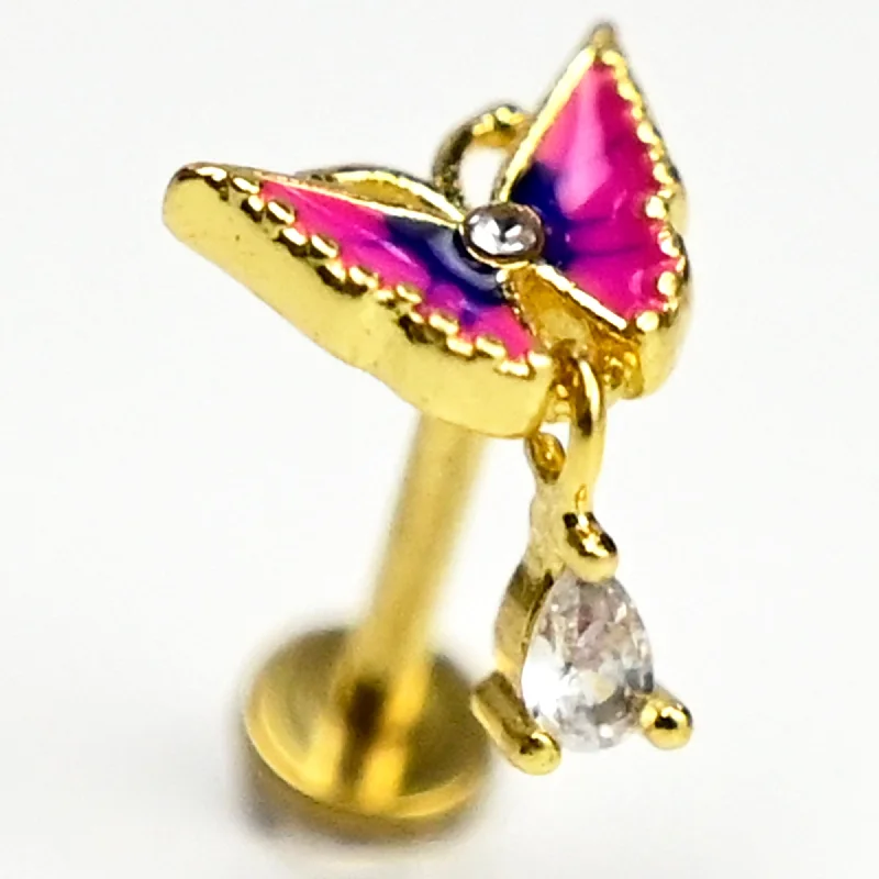 Comfortable Lip Rings for Sensitive Piercings16 Gauge 5/16 Clear Gem Gold Tone Butterfly Pink Dangle Labret Tragus