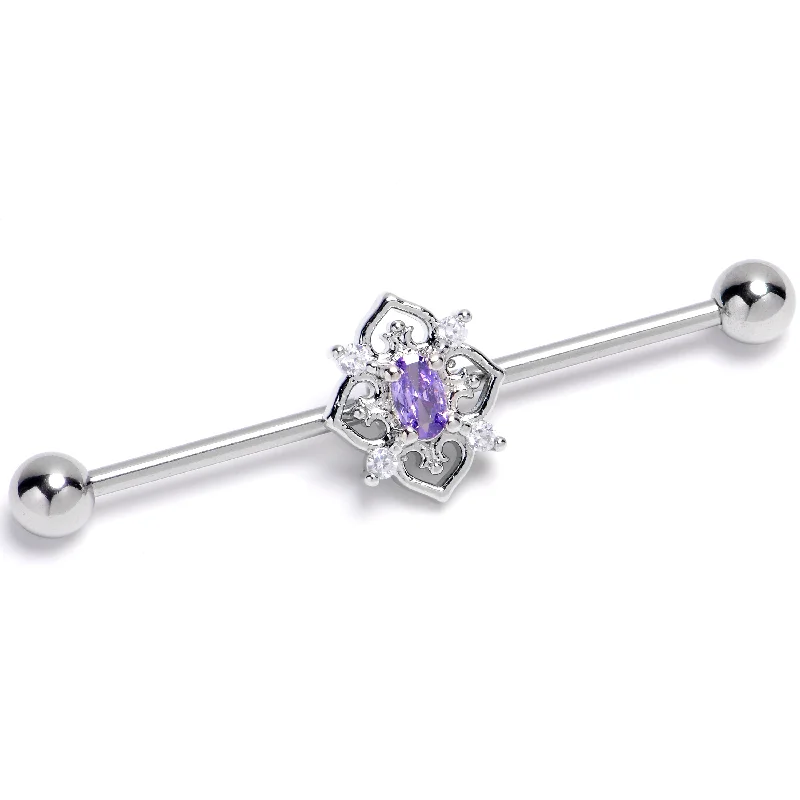 Women's Earrings – Elegant Designs for Every Personality--14 Gauge Purple Clear Gem Lace Look Hearts Industrial Barbell 38mm