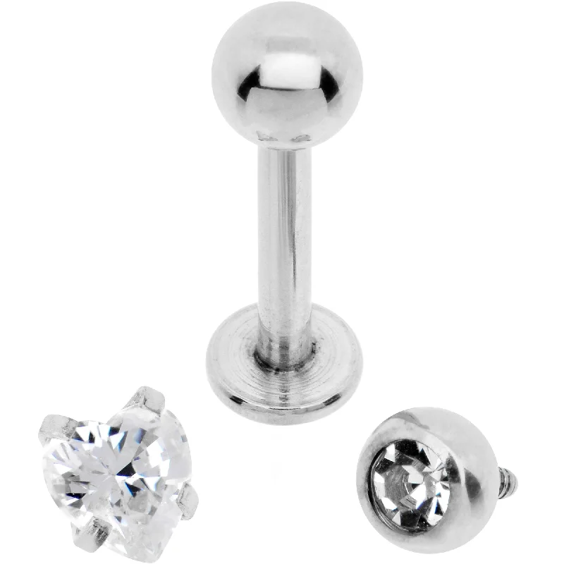 Women's Earrings – Elegant Designs for Every Personality--Clear CZ Heart Internally Threaded Labret Set of 3 Ends