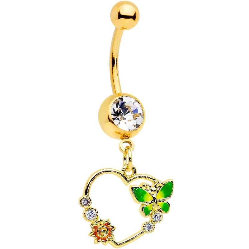 Belly Rings with Stone Detailing for Bold Looks -Clear CZ Gem Gold Tone Butterfly Heart Dangle Belly Ring Belly Rings with Stone Detailing for Bold Looks -Clear CZ Gem Gold Tone Butterfly Heart Dangle Belly Ring