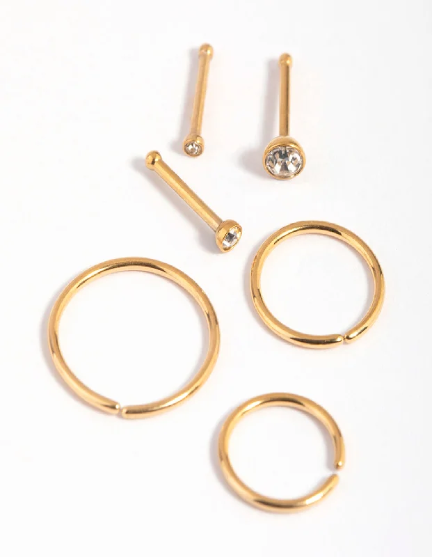 Tiny Nose Rings -Gold-Plated Titanium Nose Stud 6-Pack