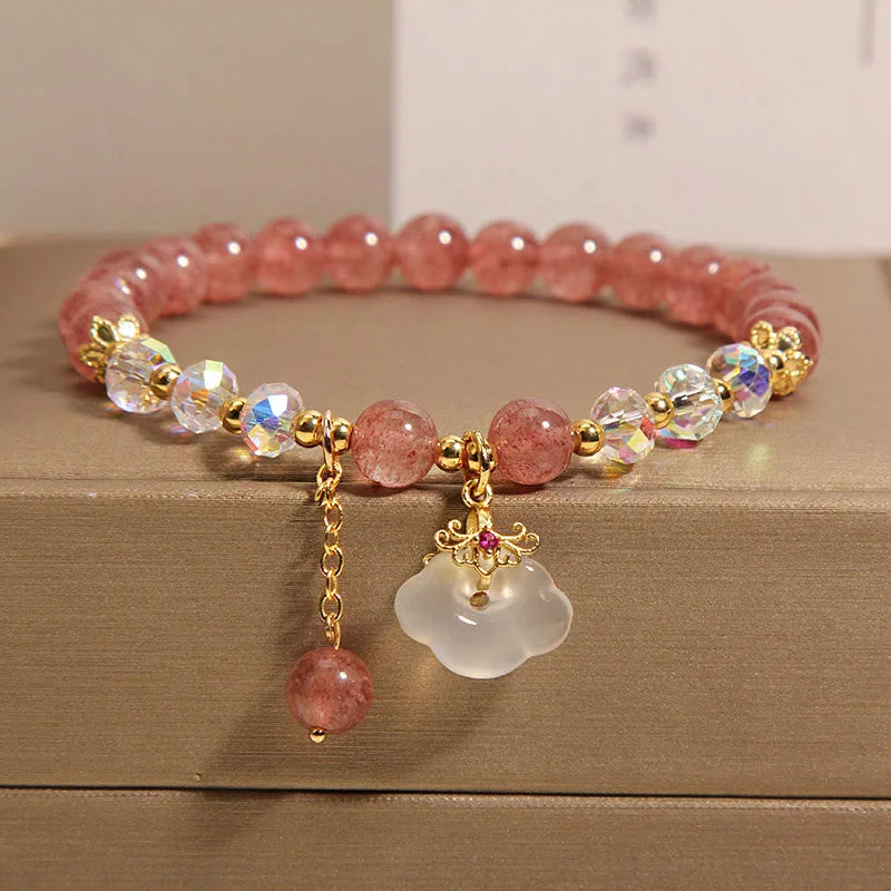Contemporary Bracelets and Bangles for Women-Buddha Stones Natural Strawberry Quartz Crystal White Agate Auspicious Cloud Healing Bracelet Contemporary Bracelets and Bangles for Women-Buddha Stones Natural Strawberry Quartz Crystal White Agate Auspicious Cloud Healing Bracelet