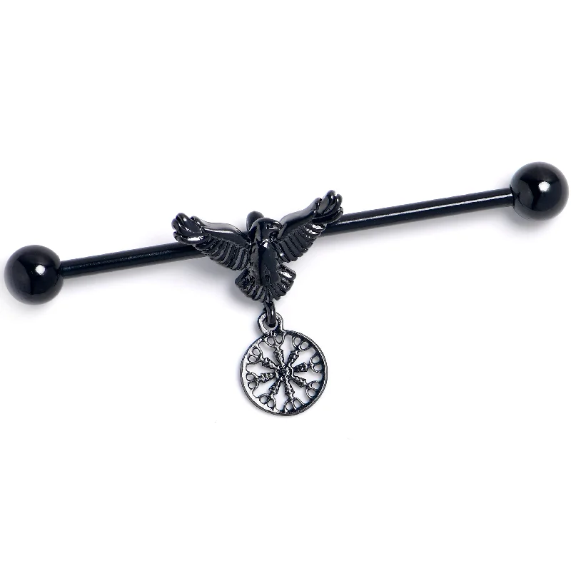 Women's Earrings – Elegant Designs for Every Personality--14 Gauge Black Raven Bird Wheel Dangle Industrial Barbell 38mm