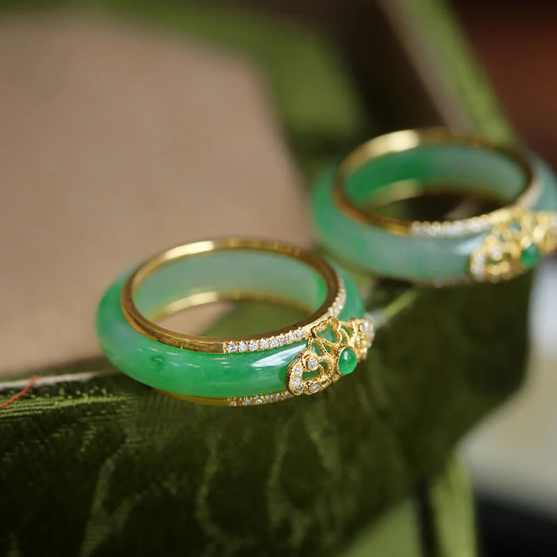 Chic Women's Rings for Fashion-Forward Looks-Buddha Stones 18K Gold Plated Natural Green Chalcedony Strength Ring