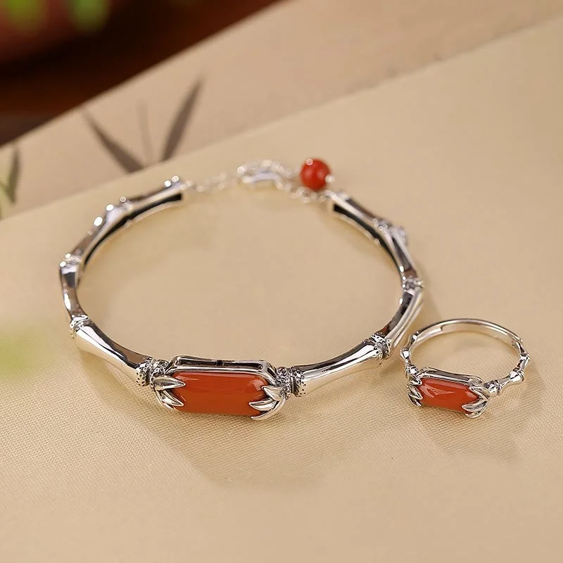 Bangles with Custom Messages for Women-Buddha Stones 925 Sterling Silver Red Agate Bamboo Pattern Calm Bracelet Ring Jewelry Set Bangles with Custom Messages for Women-Buddha Stones 925 Sterling Silver Red Agate Bamboo Pattern Calm Bracelet Ring Jewelry Set
