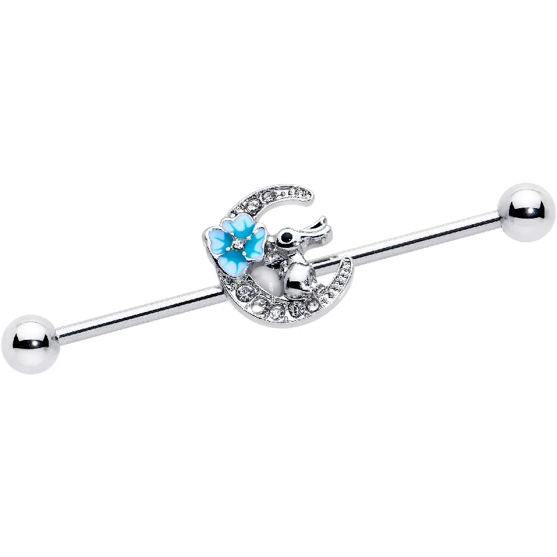 Women's Earrings – Elegant Designs for Every Personality--14 Gauge Clear Gem Rabbit On Moon Flower Blue Industrial Barbell 38mm