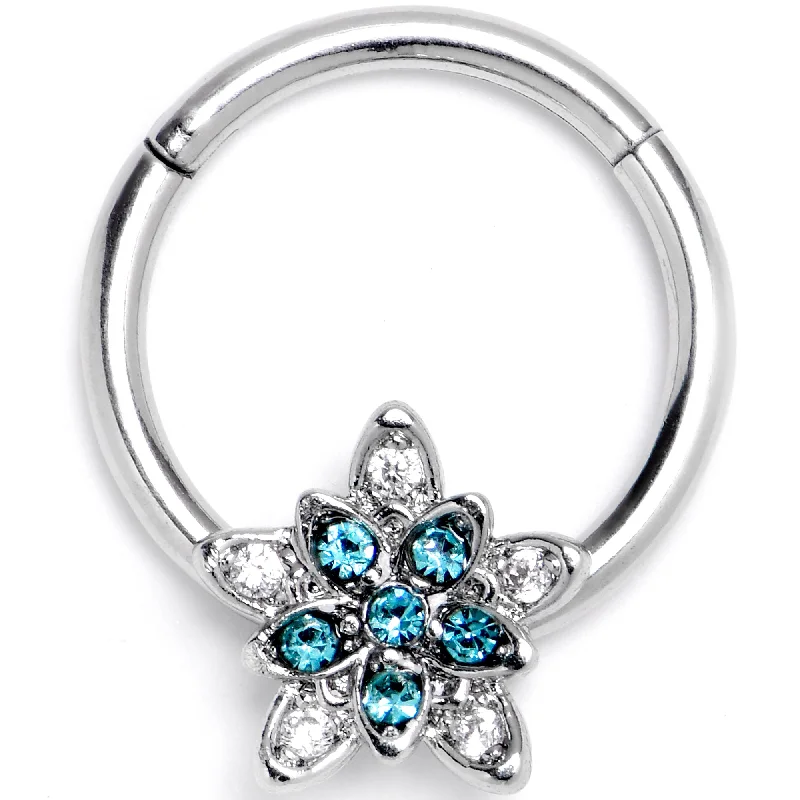 Stylish Nose Rings for Comfortable Wear -16 Gauge 3/8 Blue Clear CZ Gem Snowflake Flower Hinged Segment Ring Stylish Nose Rings for Comfortable Wear -16 Gauge 3/8 Blue Clear CZ Gem Snowflake Flower Hinged Segment Ring