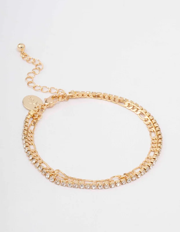 Bold Cuff Bangles for Women-Gold Plated Brass Double Chain & Crystal Bracelet