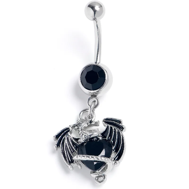 Trendy Belly Rings for Chic Women -Black Gem Heart ofDragon Dangle Belly Ring