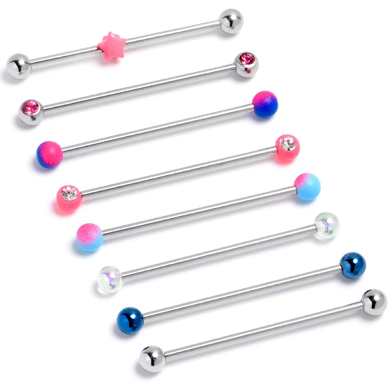 Women's Earrings – Elegant Designs for Every Personality--14 Gauge Pink Gem Star Blue Industrial Barbell 38mm Set of 8