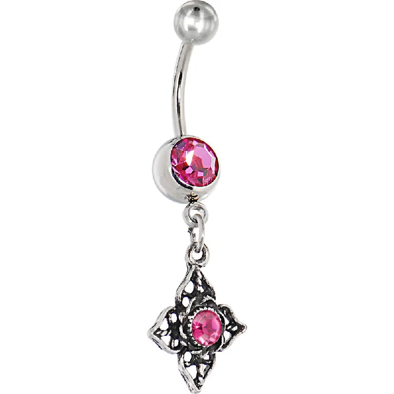 Beautiful Belly Rings with Unique Features -Full Bloom Passion Pink Gem Dangle Belly Ring Beautiful Belly Rings with Unique Features -Full Bloom Passion Pink Gem Dangle Belly Ring