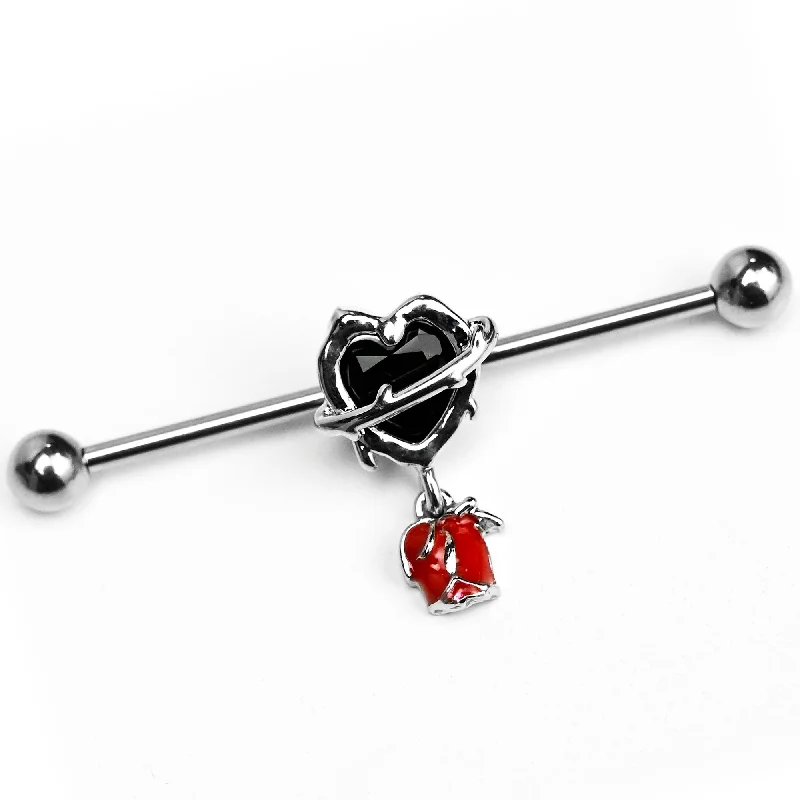 Women's Earrings – Elegant Designs for Every Personality--14 Gauge Barbed Heart Internally Threaded Dangle Industrial Barbell 38mm