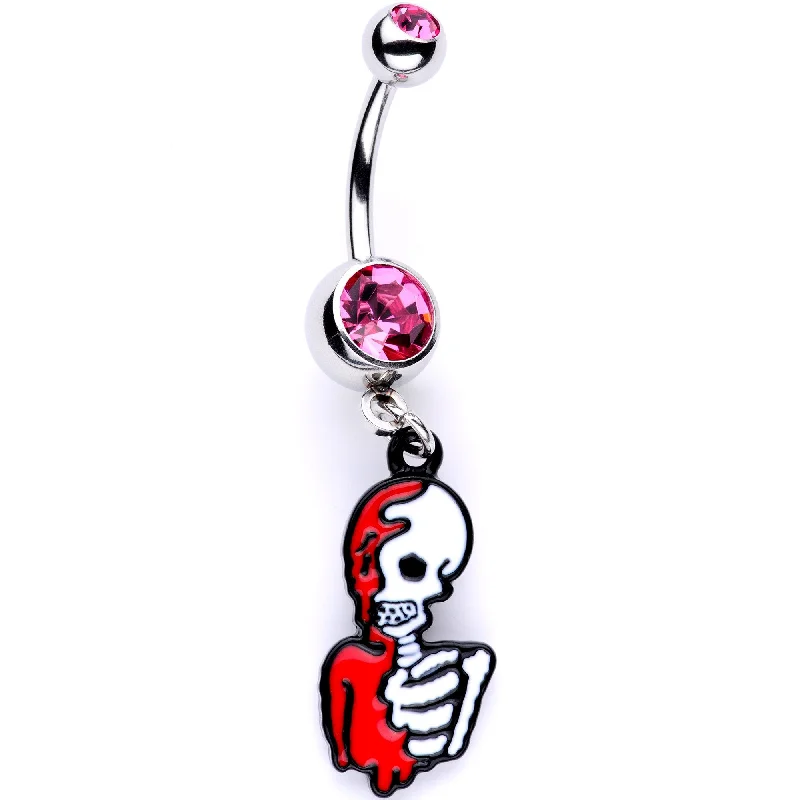 Belly Rings with Stone Detailing for Fashionistas -Pink Gem Bloody Skeleton Dangle Belly Ring Belly Rings with Stone Detailing for Fashionistas -Pink Gem Bloody Skeleton Dangle Belly Ring