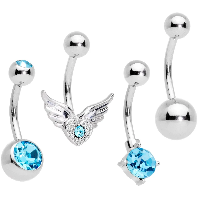 Belly Rings for Edgy and Bold Looks -Aqua Gem Valentines Day Winged Heart Belly Ring Set of 4 Belly Rings for Edgy and Bold Looks -Aqua Gem Valentines Day Winged Heart Belly Ring Set of 4
